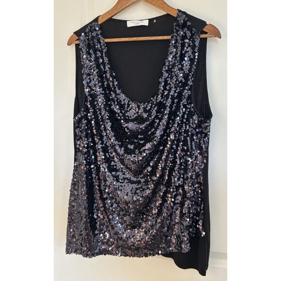 TAHARI Woman Blouse Size 1X Evening Sequin Glam Sparkly Draped Shirt Cocktail - Picture 1 of 10